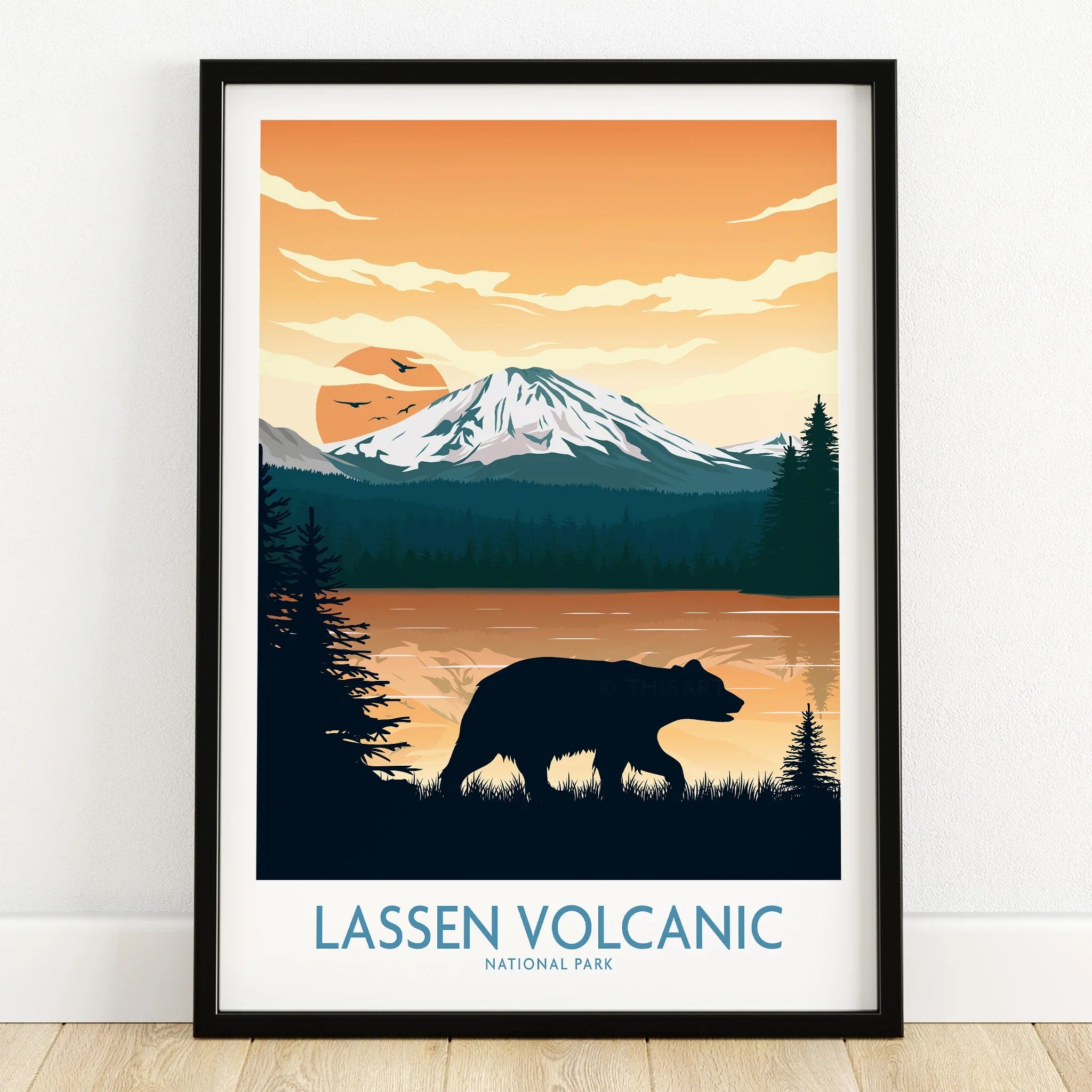 Lassen Volcanic National Park art print with bear silhouette, mountain, and sunset in black frame