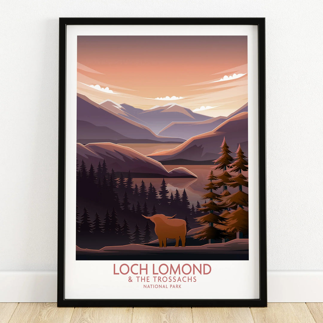 Loch Lomond National Park art print in black frame, scenic landscape with mountains, trees, and highland cow.