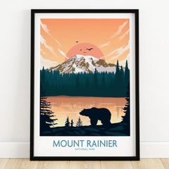Mount Rainier National Park art print in black frame, sunset scenery with bear silhouette.