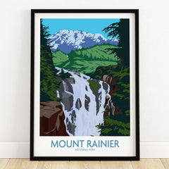 Mount Rainier National Park art print with waterfall and mountain landscape in black frame