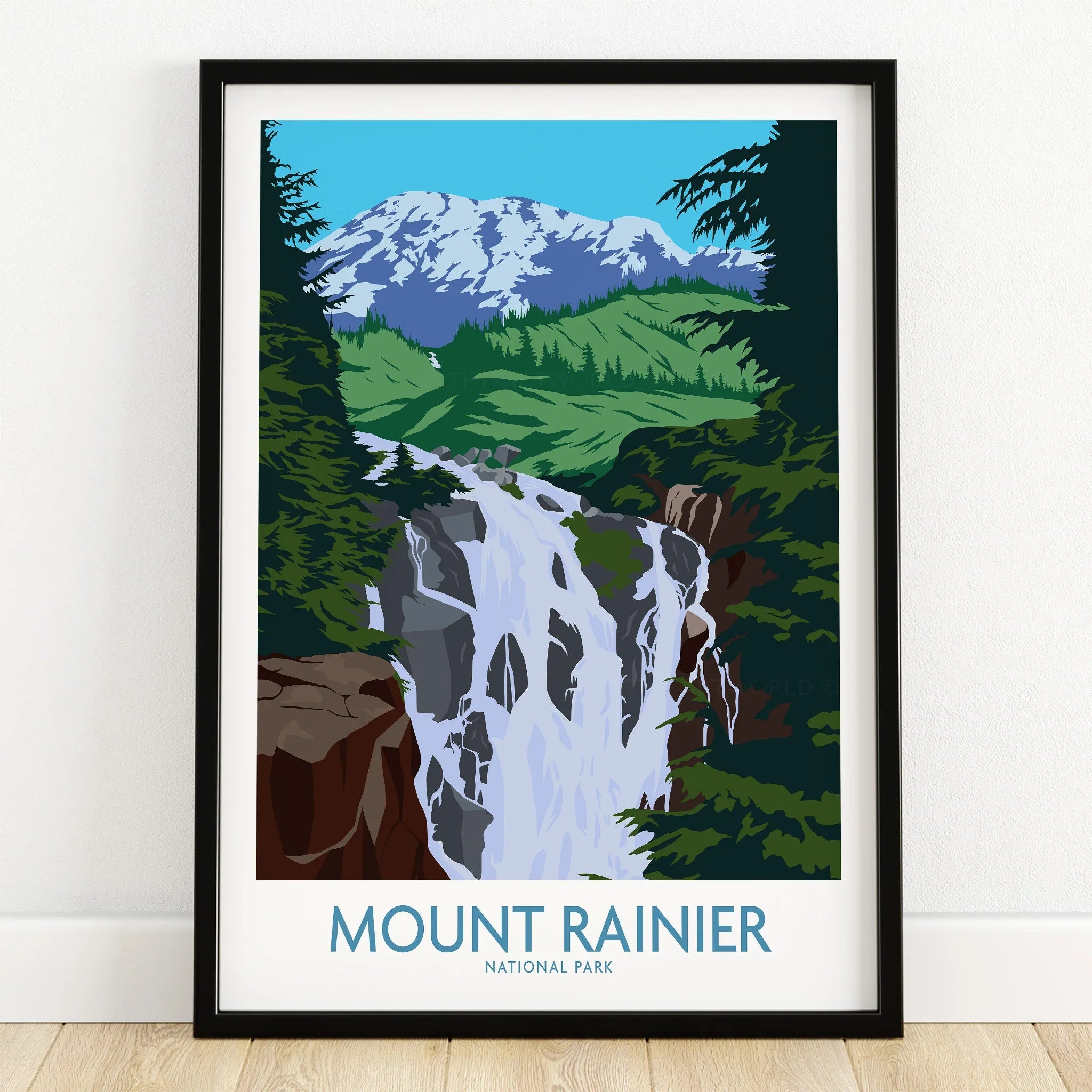 Mount Rainier National Park art print with waterfall and mountain landscape in black frame