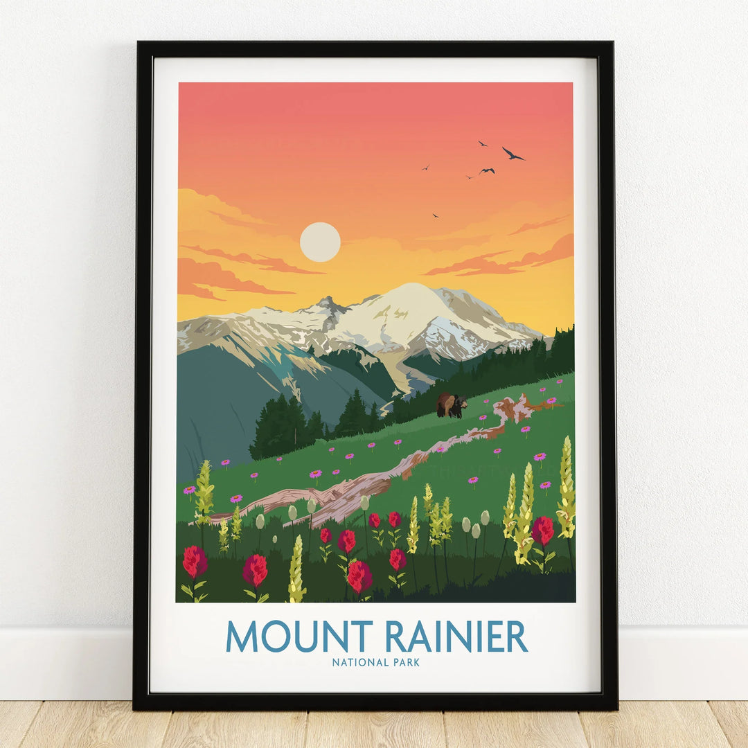 Mount Rainier National Park art print with wildflowers, bison, and sunset landscape in black frame