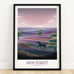 New Forest National Park art print with horse silhouette, trees, and purple landscape in black frame