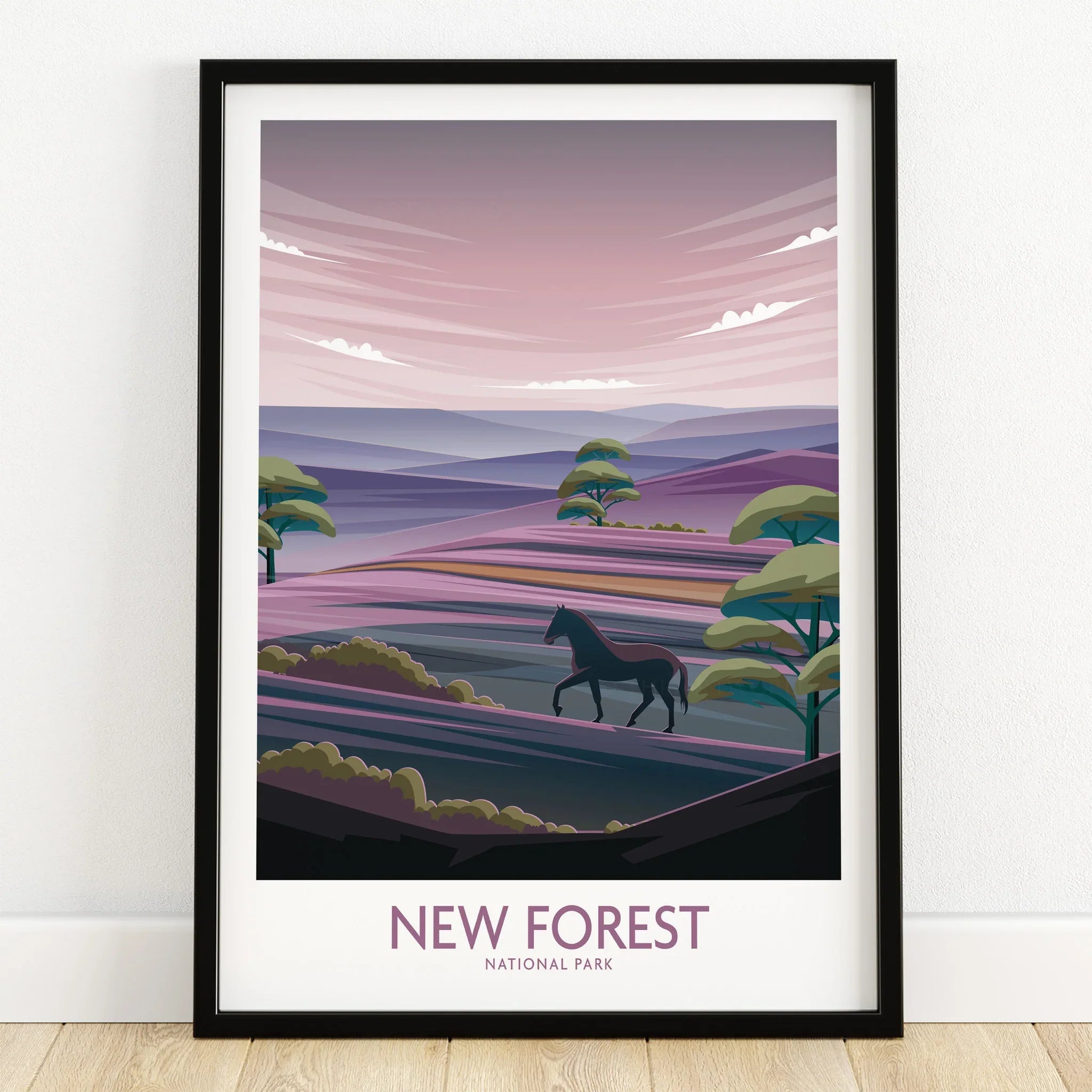 New Forest National Park art print with horse silhouette, trees, and purple landscape in black frame