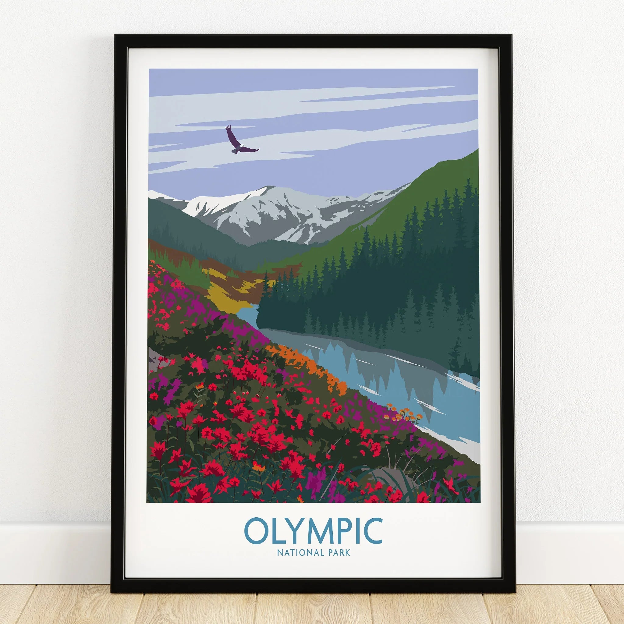 Olympic National Park art print with mountains, wildflowers, evergreen trees, and a river.