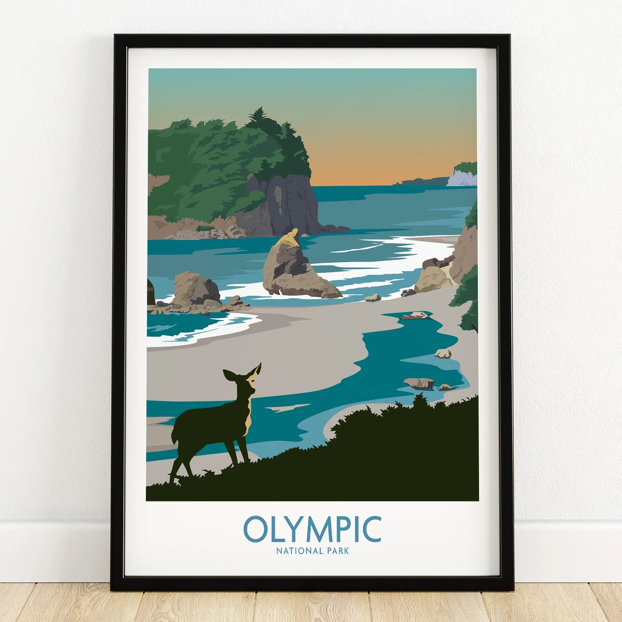 Olympic National Park art print in black frame featuring coastal landscape and deer