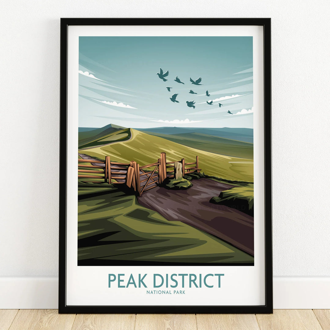Peak District National Park art print in black frame on wooden floor, scenic landscape illustration