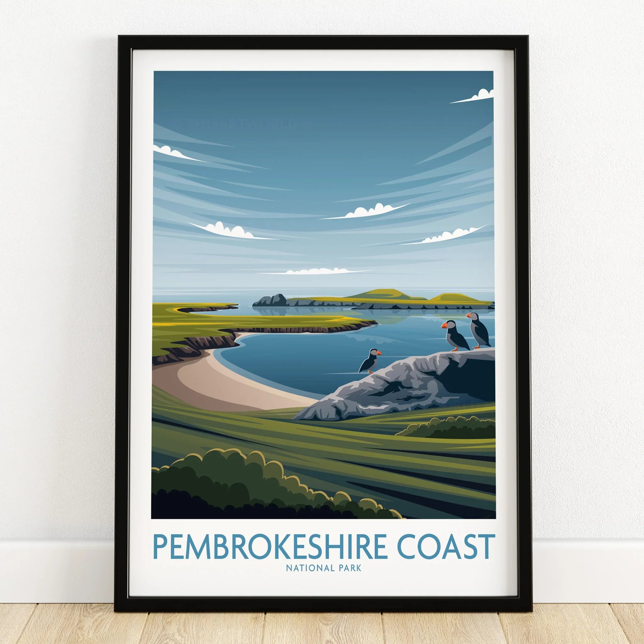 Pembrokeshire Coast National Park art print in black frame, coastal landscape with puffins