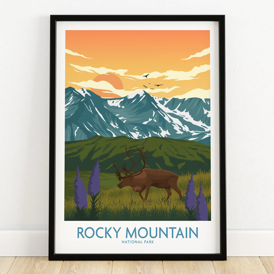 Rocky Mountain National Park art print with elk, wildflowers, and snowy peaks in black frame