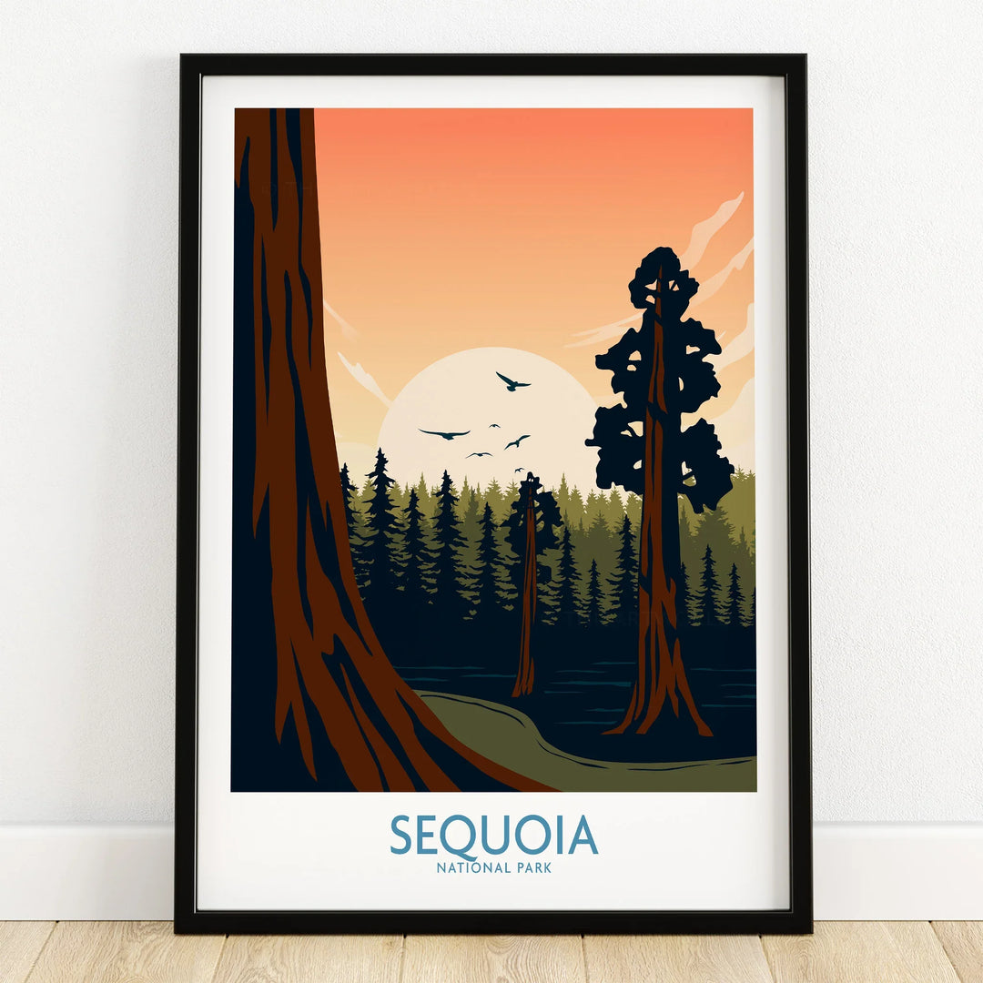 Sequoia National Park art print in black frame, sunset sky, tall trees, nature wall decor