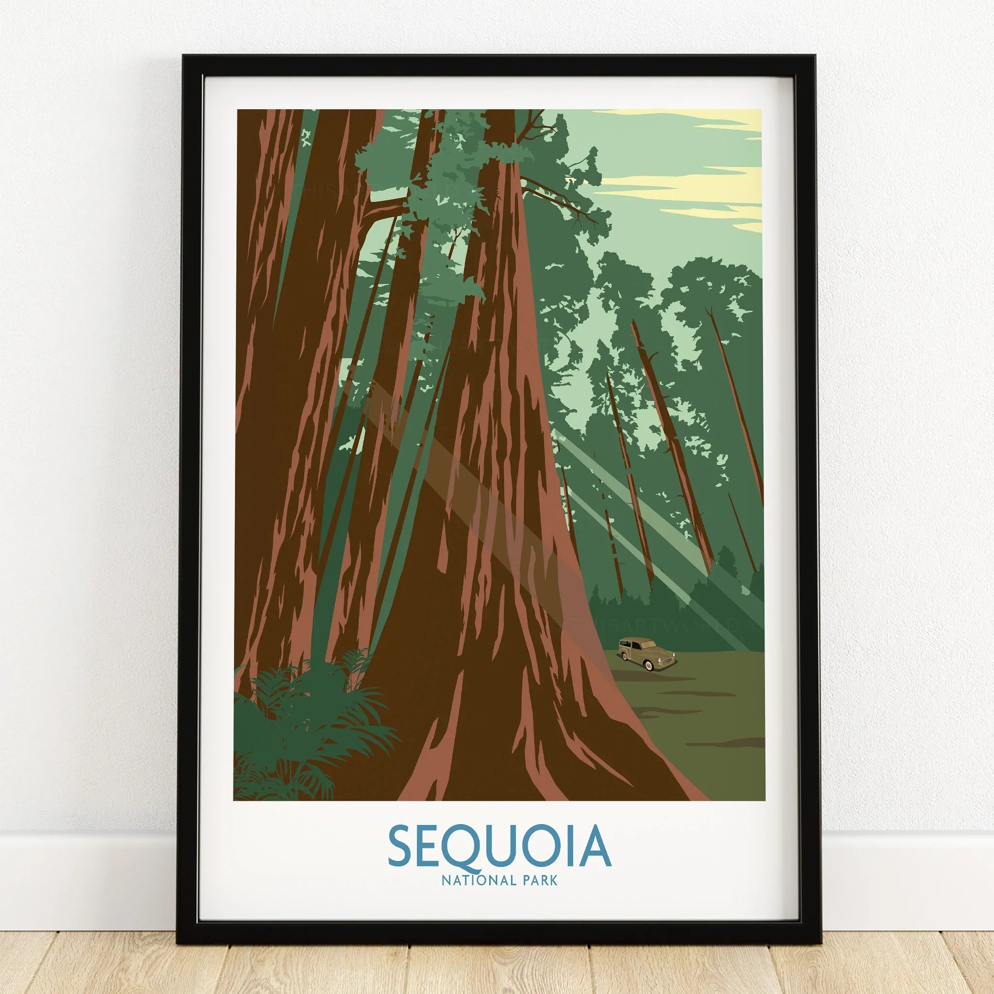 Sequoia National Park art print in black frame, featuring tall redwood trees and vintage car