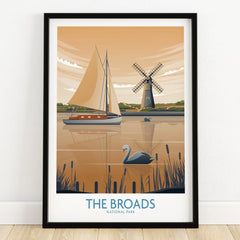 The Broads National Park art print with sailboat, windmill, swan, framed on wooden floor