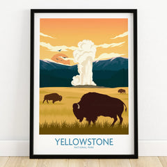 Yellowstone National Park art print with bison, geyser, and mountains in black frame