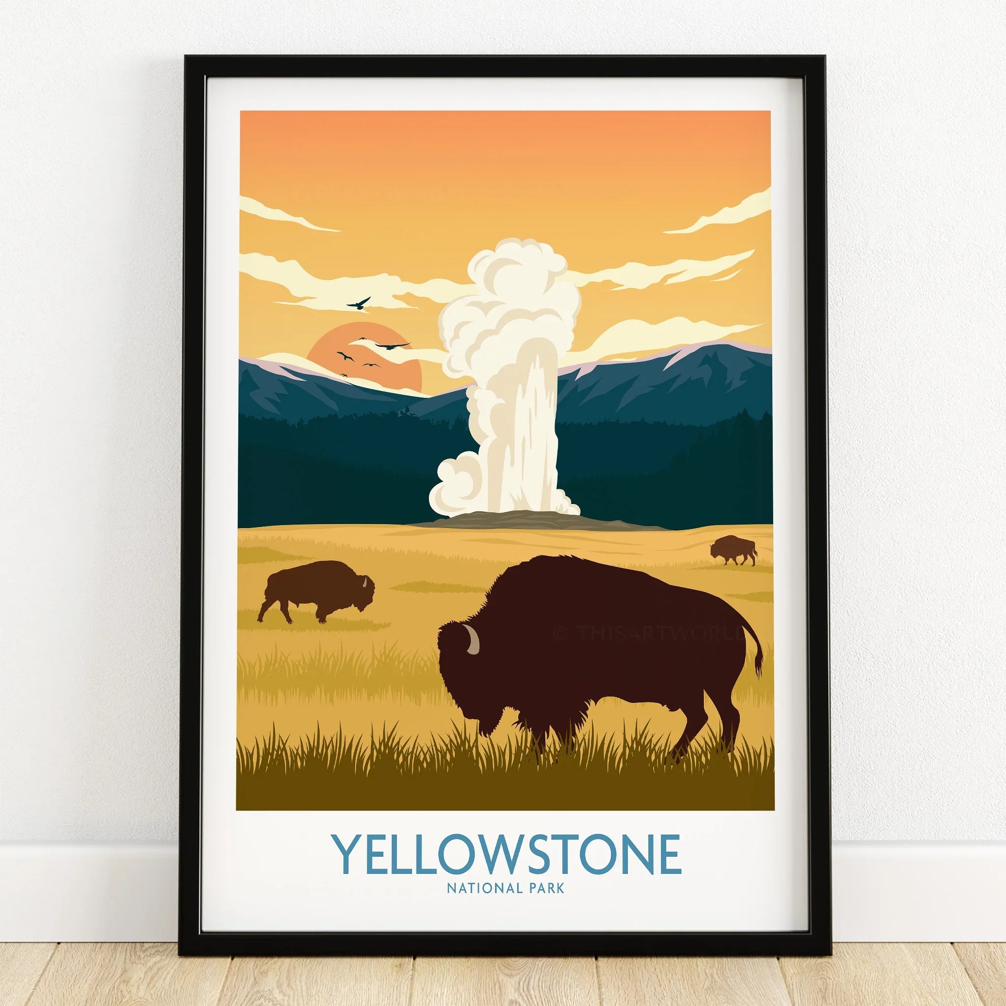 Yellowstone National Park art print with bison, geyser, and mountains in black frame