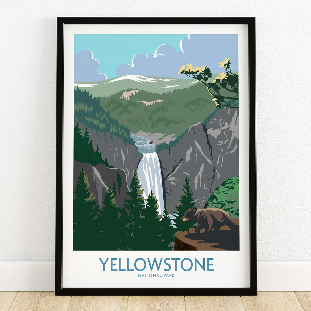 Yellowstone National Park art print with waterfall, mountains, forest, and bear in black frame