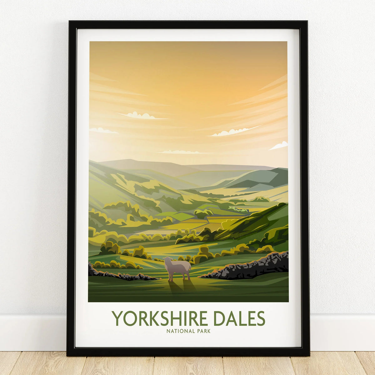 Yorkshire Dales National Park art print in black frame on wooden floor, scenic landscape