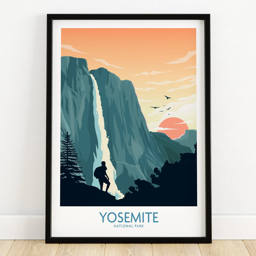 Yosemite National Park art print with hiker, waterfall, sunset and mountain landscape in black frame