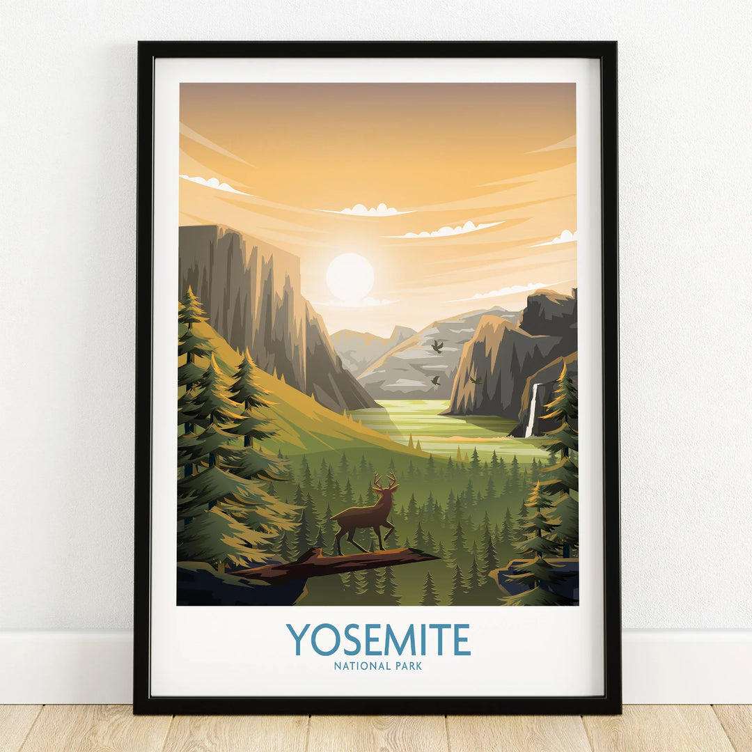 Yosemite National Park art print in black frame, features sunrise, pine trees, mountains, deer.