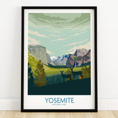 Yosemite National Park art print in black frame, scenic landscape with mountains and deer