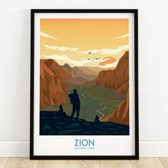 Zion National Park art print with hiker silhouette, scenic canyon, and sunset in black frame