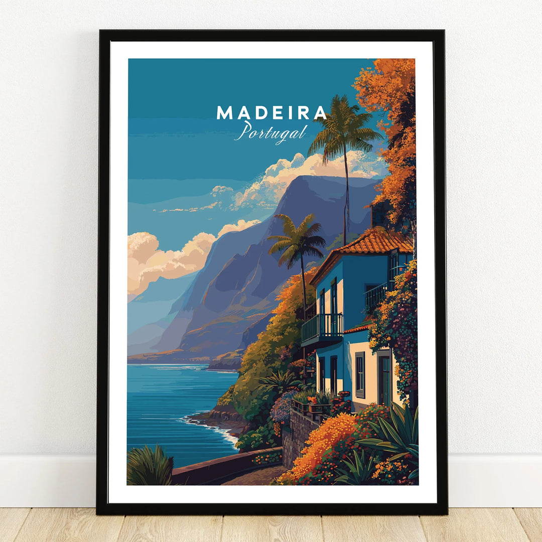 Madeira Portugal travel poster art print in black frame, coastal home, mountains, and sea view.