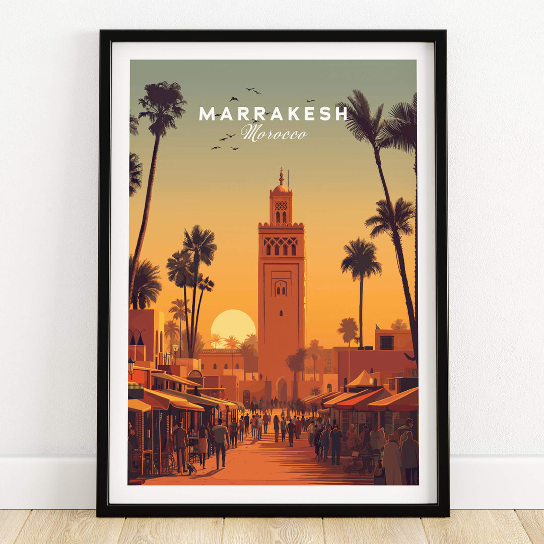 Marrakesh Morocco Wall Art Print | Koutoubia Mosque Travel Posters featuring the iconic Koutoubia Mosque at sunset.