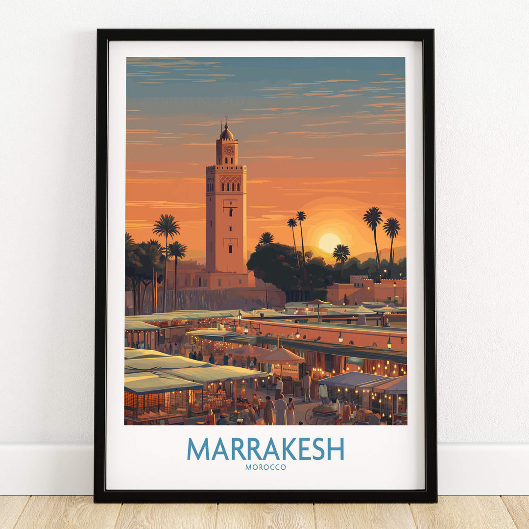 Marrakesh Morocco Canvas Art Print | Jemaa el-Fnaa Market Scene Poster featuring vibrant sunset and market stalls.