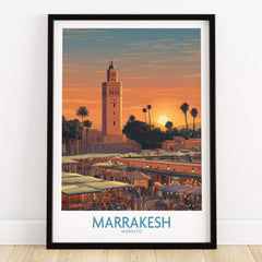 Marrakesh Morocco Canvas Art Print | Jemaa el-Fnaa Market Scene Poster featuring vibrant sunset and market stalls.