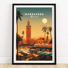 Marrakesh Morocco Wall Art Print | Bustling City Market Travel Posters featuring vibrant market scenes and iconic tower.