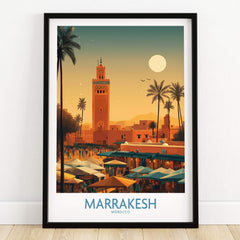 Marrakesh Morocco Poster | Traditional Moroccan Architecture Canvas Print featuring sunset over a vibrant market.