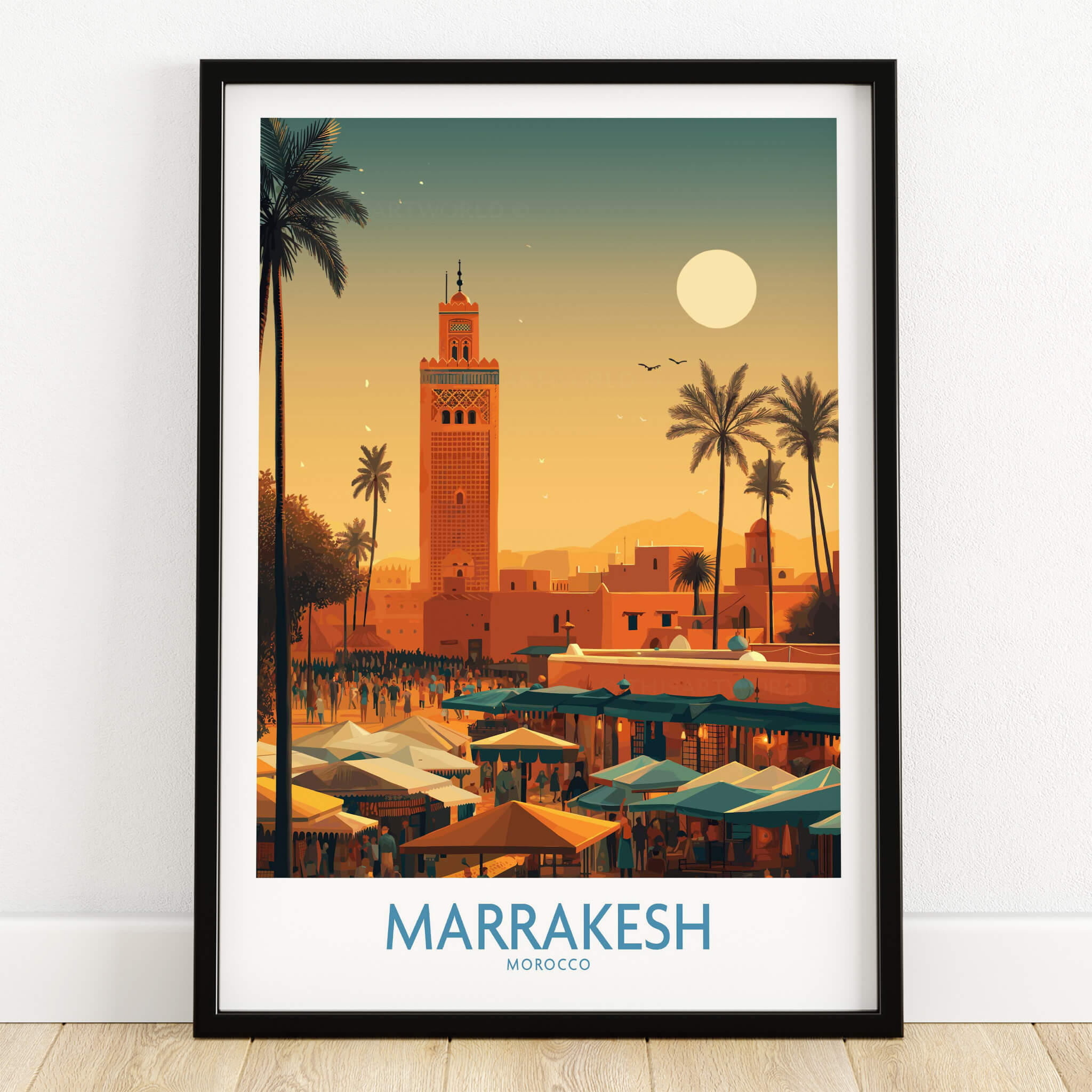 Marrakesh Morocco Poster | Traditional Moroccan Architecture Canvas Print featuring sunset over a vibrant market.