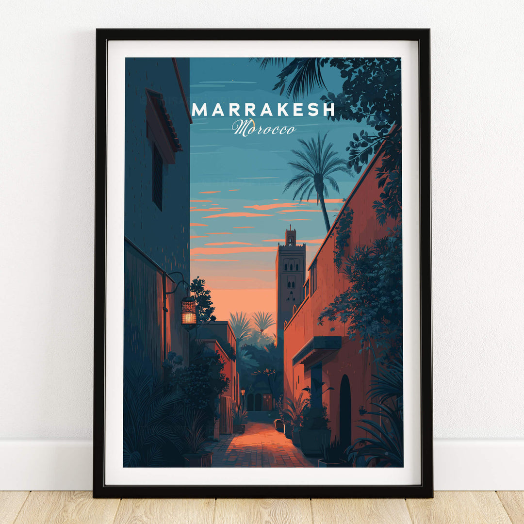 Marrakesh Morocco Travel Poster | Medina Alleyway Twilight Wall Art Print showcasing a serene alleyway at dusk.
