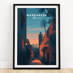 Marrakesh Morocco Travel Poster | Medina Alleyway Twilight Wall Art Print showcasing a serene alleyway at dusk.