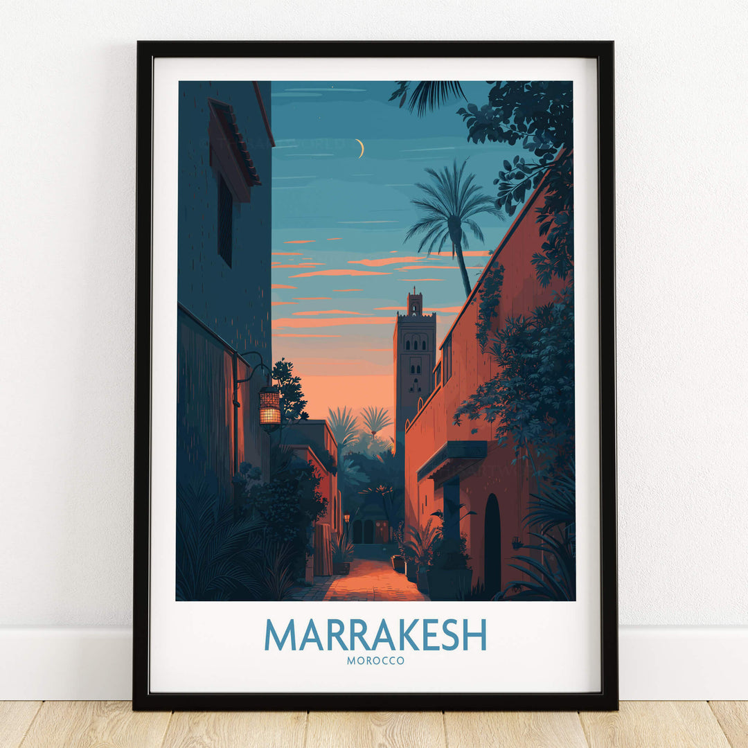 Marrakesh Morocco Canvas Print | Cityscape Poster featuring a tranquil street scene at twilight.