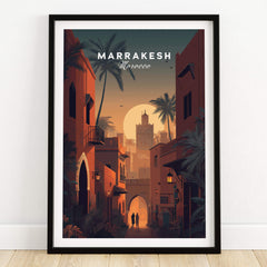 Marrakesh Morocco Wall Art Print | Sunset Medina Alleyway Travel Poster showcasing a vibrant sunset over ancient architecture.
