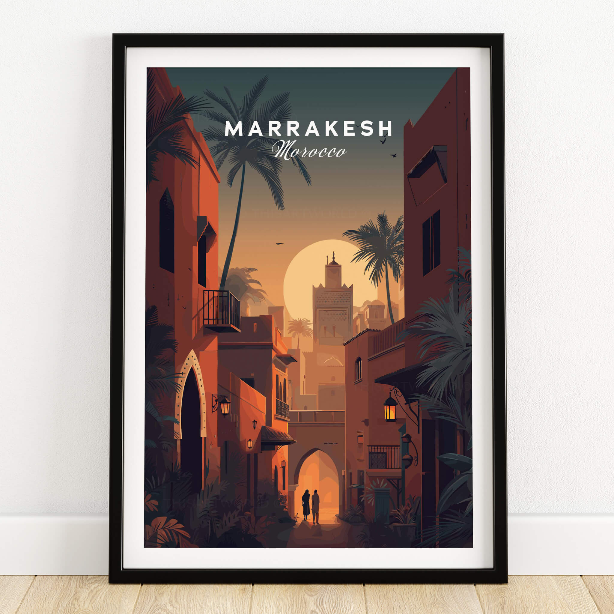 Marrakesh Morocco Wall Art Print | Sunset Medina Alleyway Travel Poster showcasing a vibrant sunset over ancient architecture.