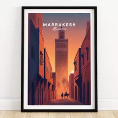 Marrakesh Morocco Travel Poster | Iconic Koutoubia Minaret Wall Art Print featuring a vibrant sunset and silhouetted figures.