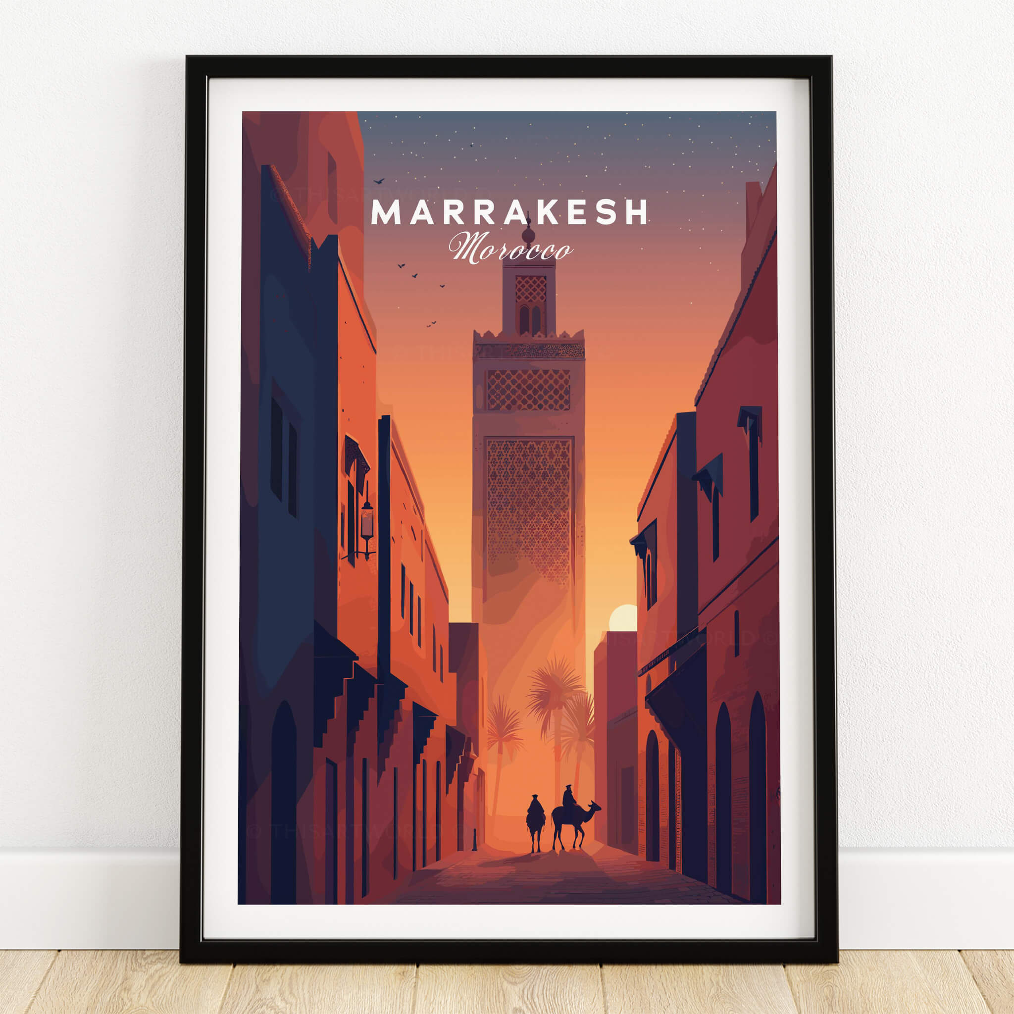 Marrakesh Morocco Travel Poster | Iconic Koutoubia Minaret Wall Art Print featuring a vibrant sunset and silhouetted figures.
