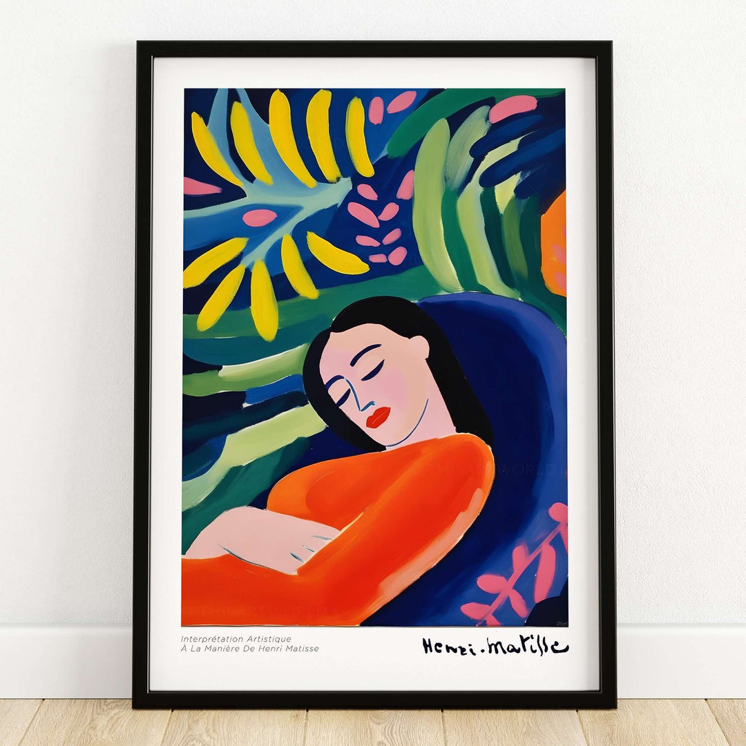 Matisse Art Prints - Abstract Woman in Foliage Poster featuring a colorful abstract portrait of a sleeping woman.