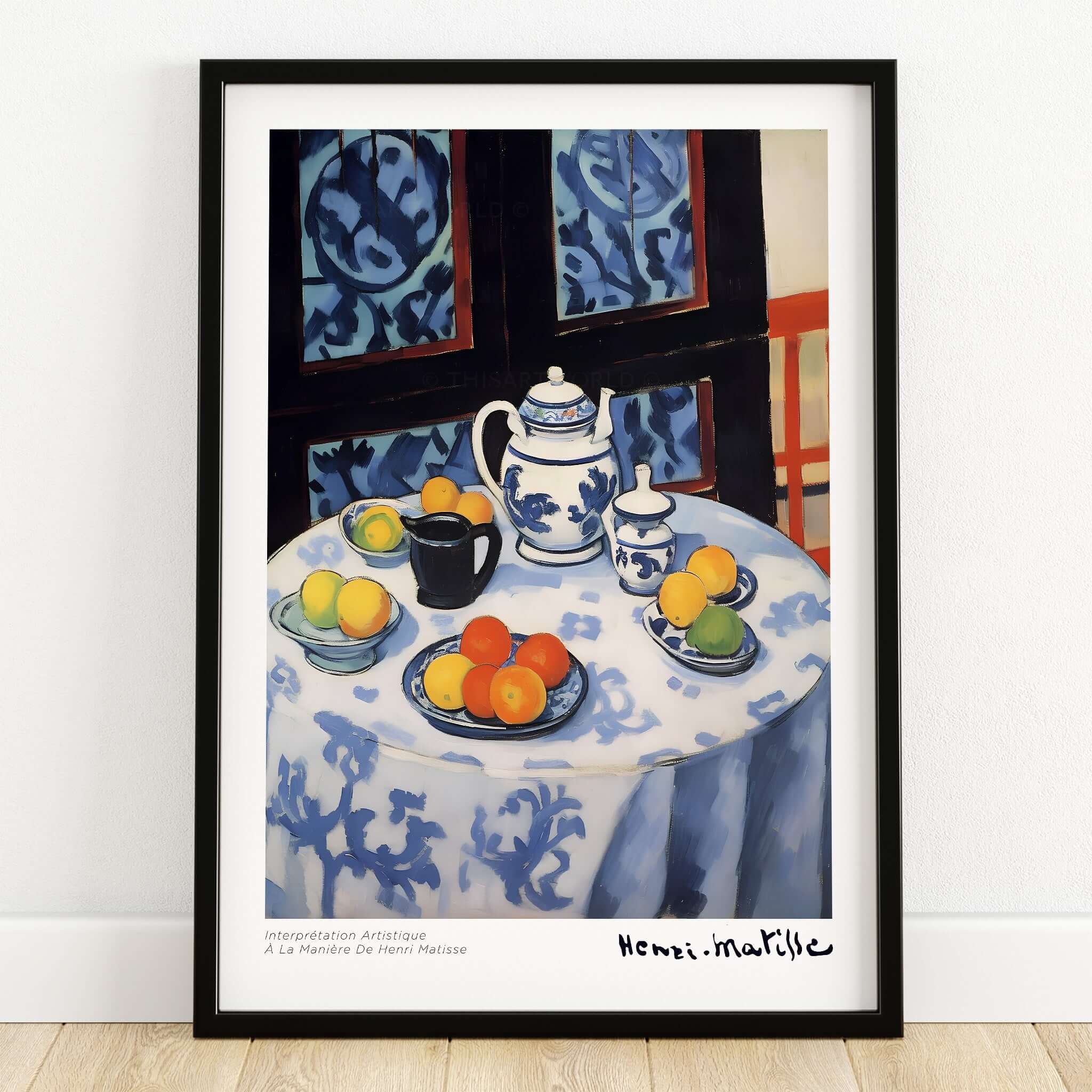 Matisse Art Prints - Still Life Blue Tablecloth Poster featuring a table with teapot and vibrant fruit.