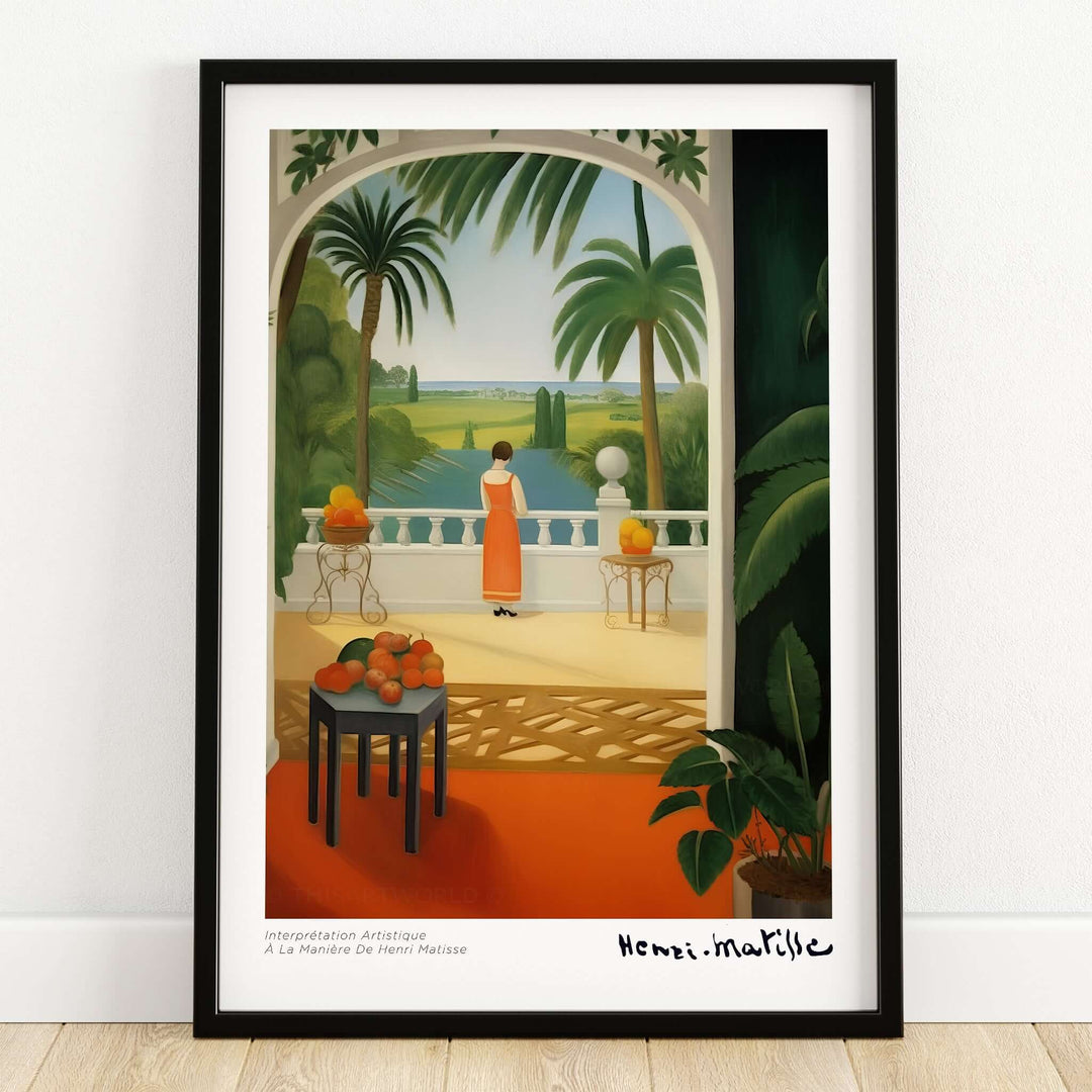 Matisse Art Prints - Woman on Balcony Sea View Poster featuring a serene composition with a woman in an orange dress.