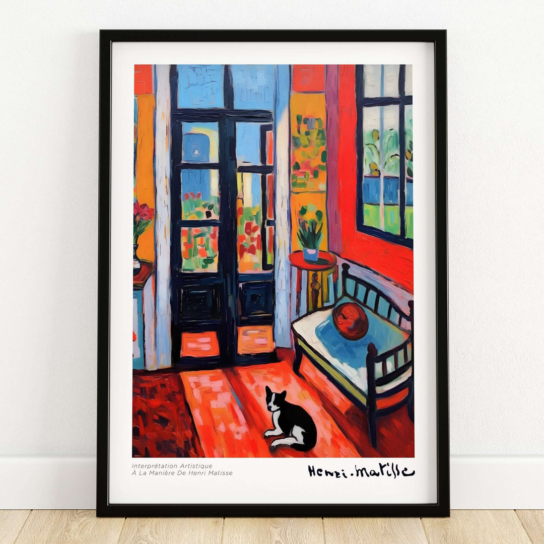 Matisse Art Prints - Interior with Cat and Open Door Poster showcasing vibrant room colors and a black and white cat.