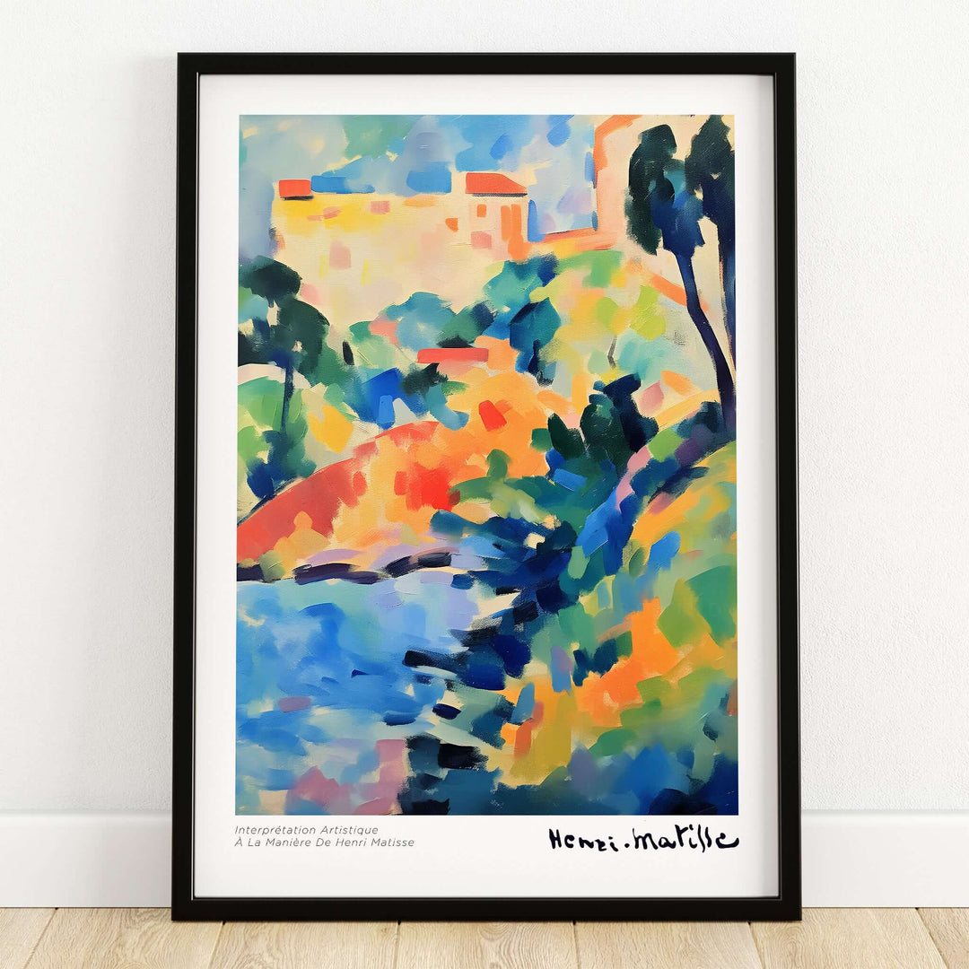 Matisse Art Prints - Abstract Coastal Landscape Poster framed in a home interior setting, showcasing vibrant colors and bold strokes.