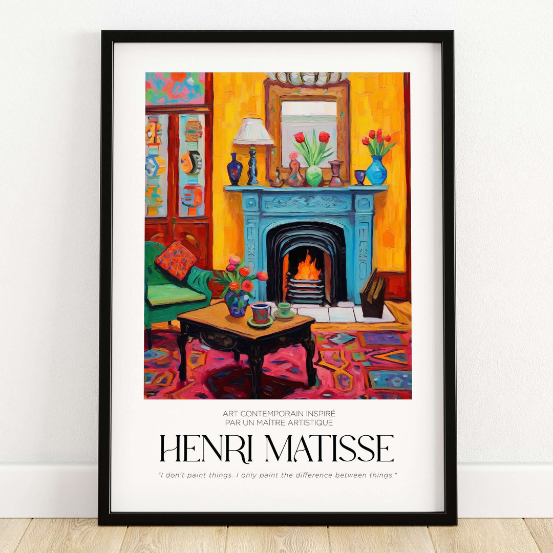 Matisse Art Prints - Cozy Fireplace Interior Poster featuring vibrant colors and a cozy room with a fireplace.