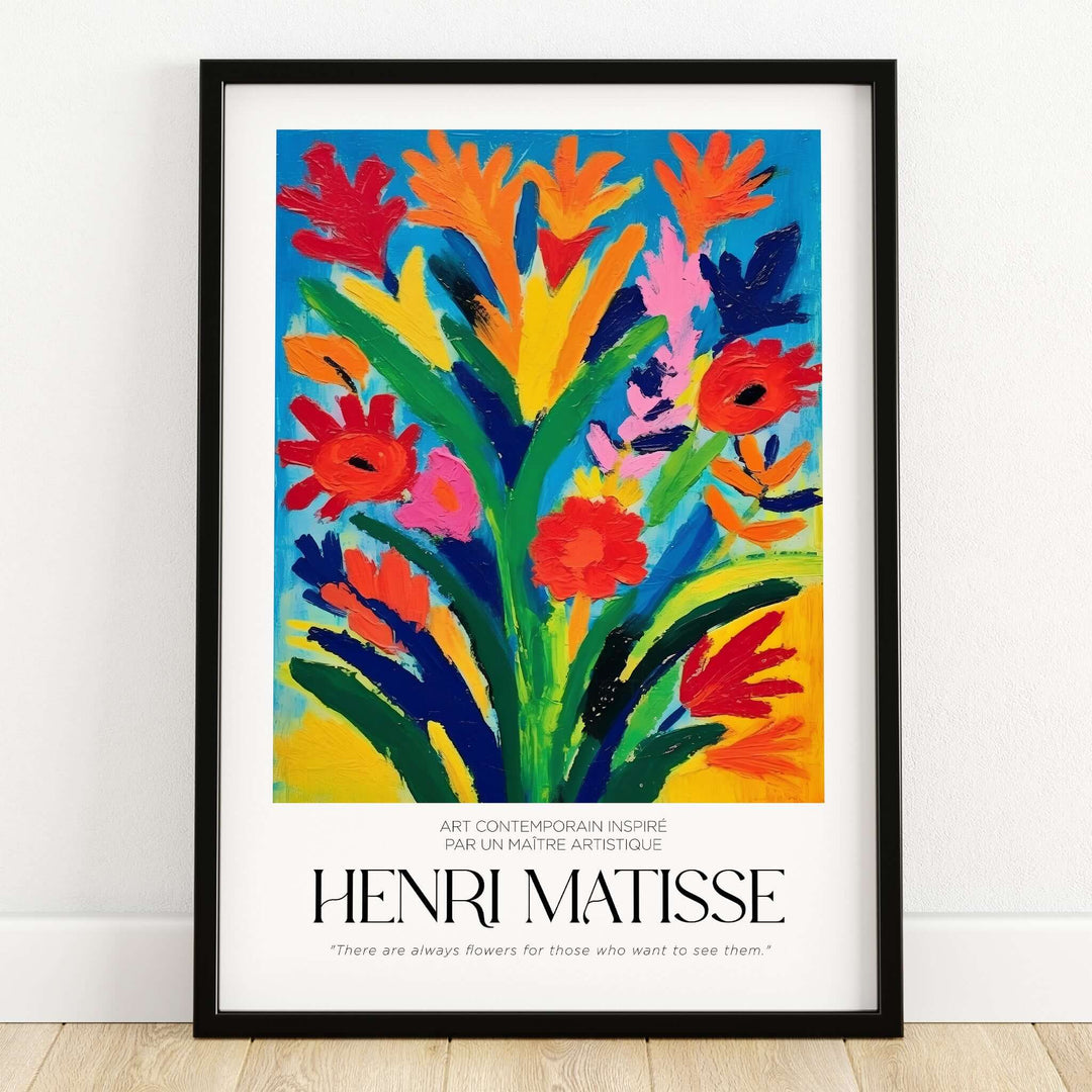 Matisse Art Prints - Abstract Floral Bouquet Print featuring vibrant colors and stylized flowers on a blue background.
