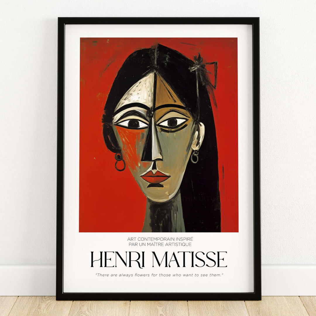 Matisse Art Prints - Stylized Woman Portrait Red Wall Art, bold portrait with striking features on vibrant red background.
