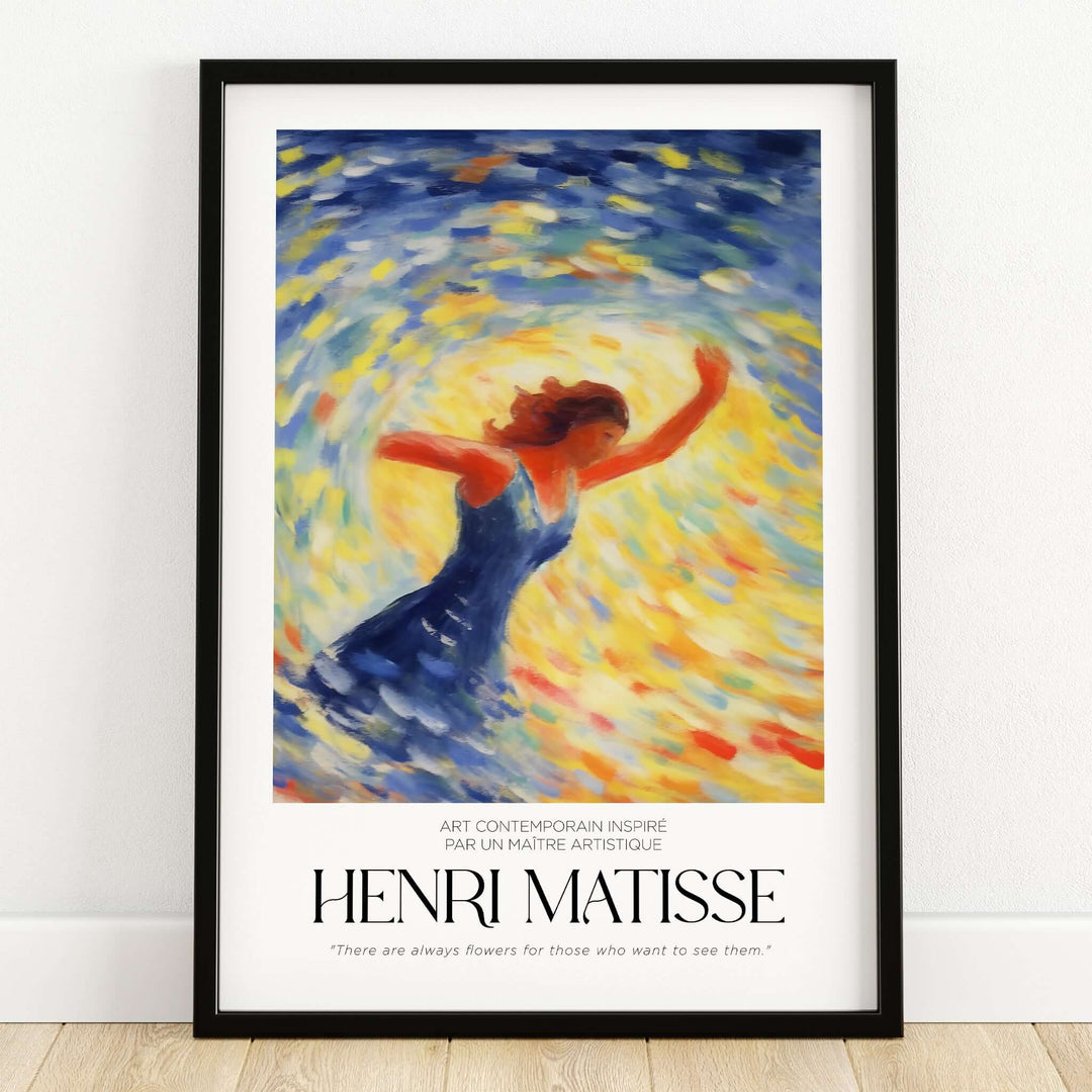 Matisse Art Prints - Dancing Figure Swirl Background Art Print featuring a joyful dancer in blue against a vibrant swirl.