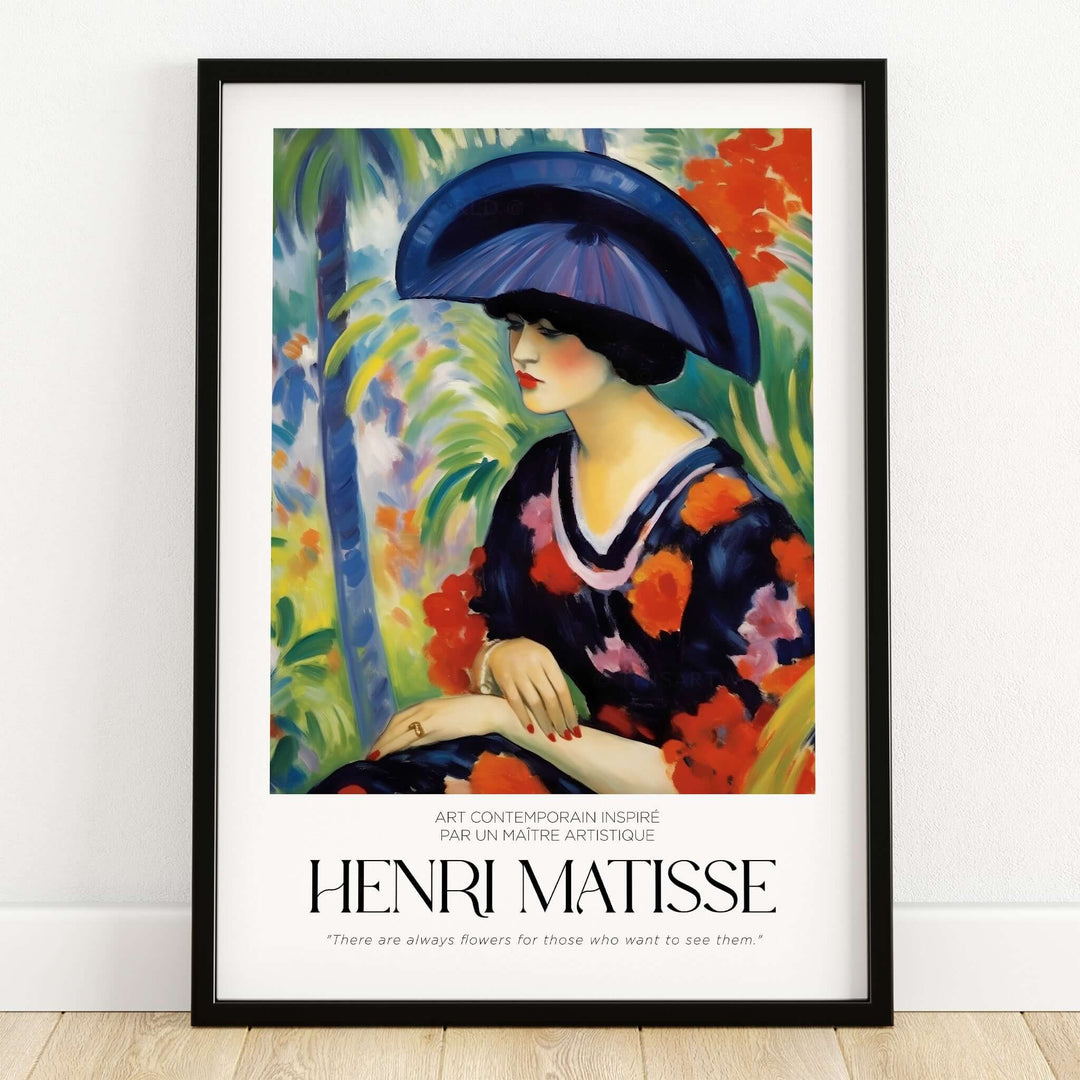 Matisse Art Prints - Woman with Blue Hat Garden Poster featuring a woman in a blue hat surrounded by vibrant flowers.