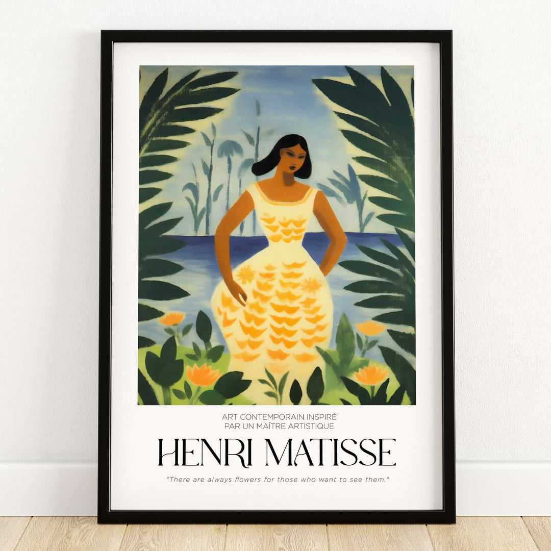 Matisse Art Prints - Woman Tropical Leaves Art Print featuring a woman in a floral dress surrounded by lush greenery.