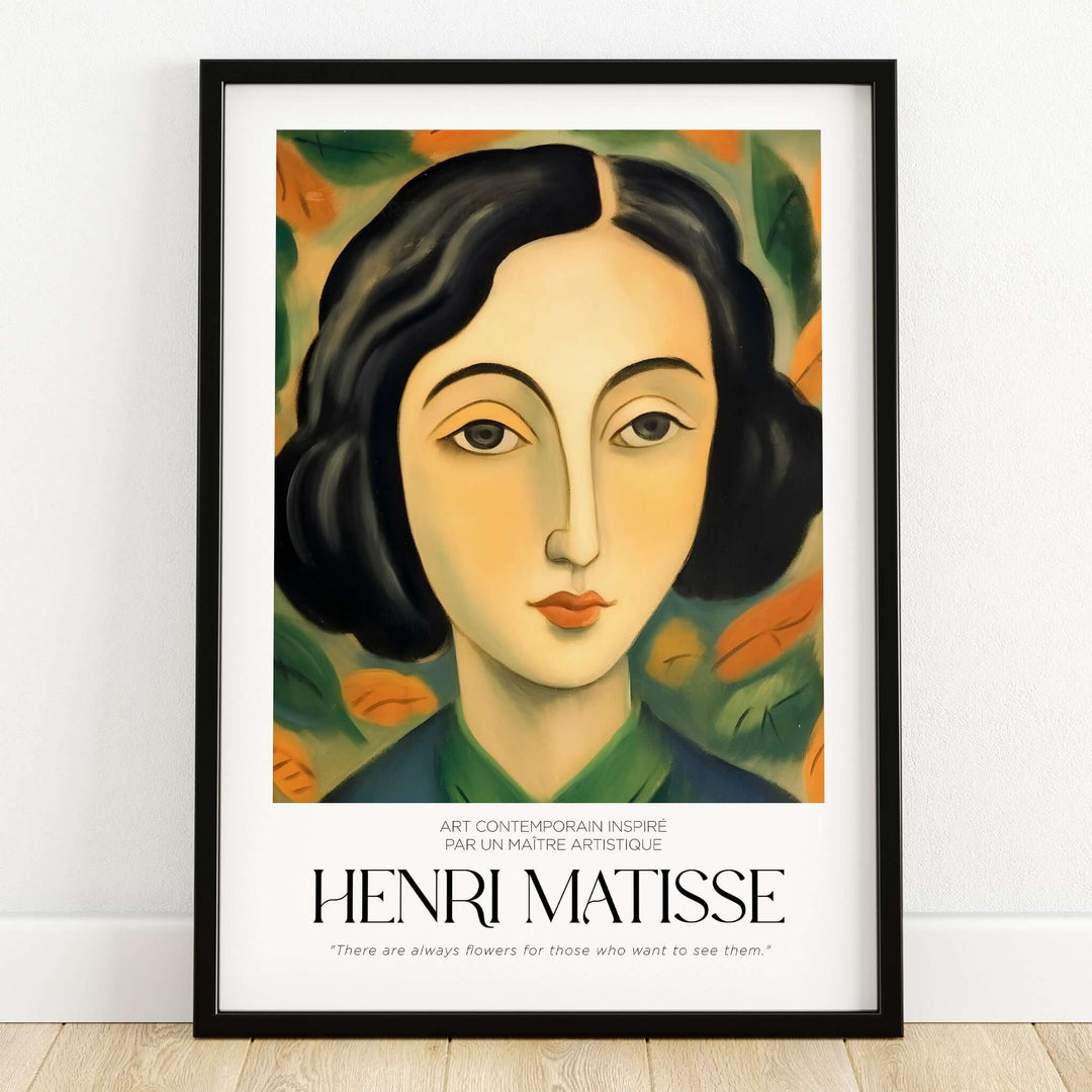 Matisse Art Prints - Woman Portrait Wall Art featuring a feminine figure amidst abstract leaves in vibrant colors.